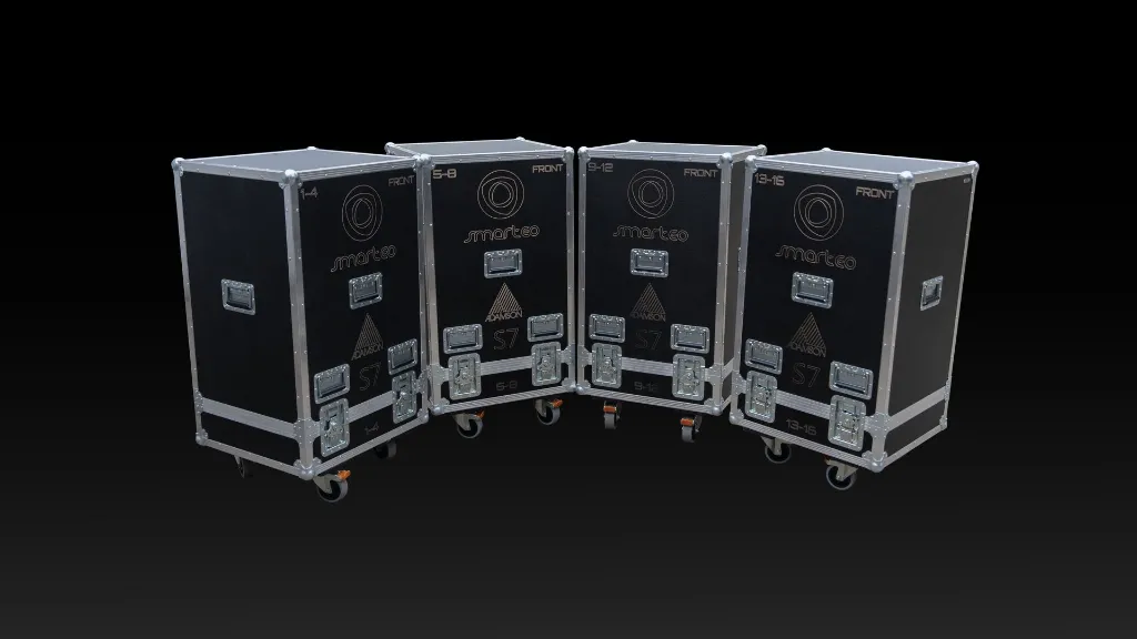 Zestaw trzech czarnych skrzyń transportowych CASE-ART na systemy liniowe Adamson S7 .webp